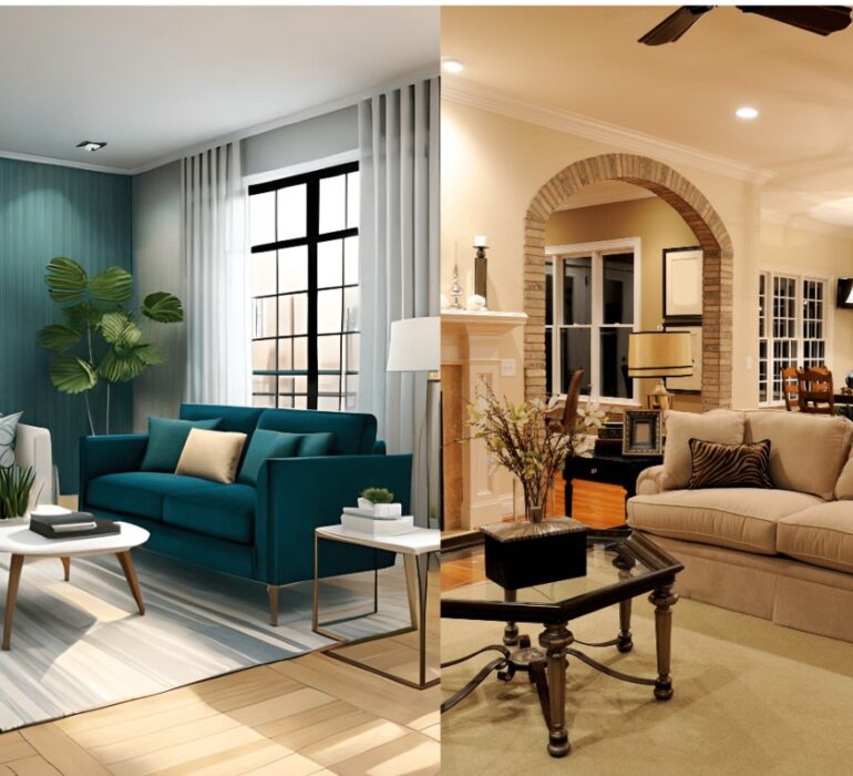 Living room with modern Arabic arch and soft beige tones