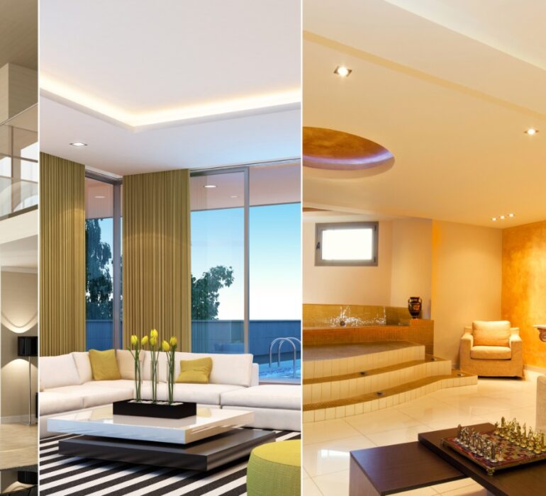 Grand villa entrance with French chandelier and arched ceiling