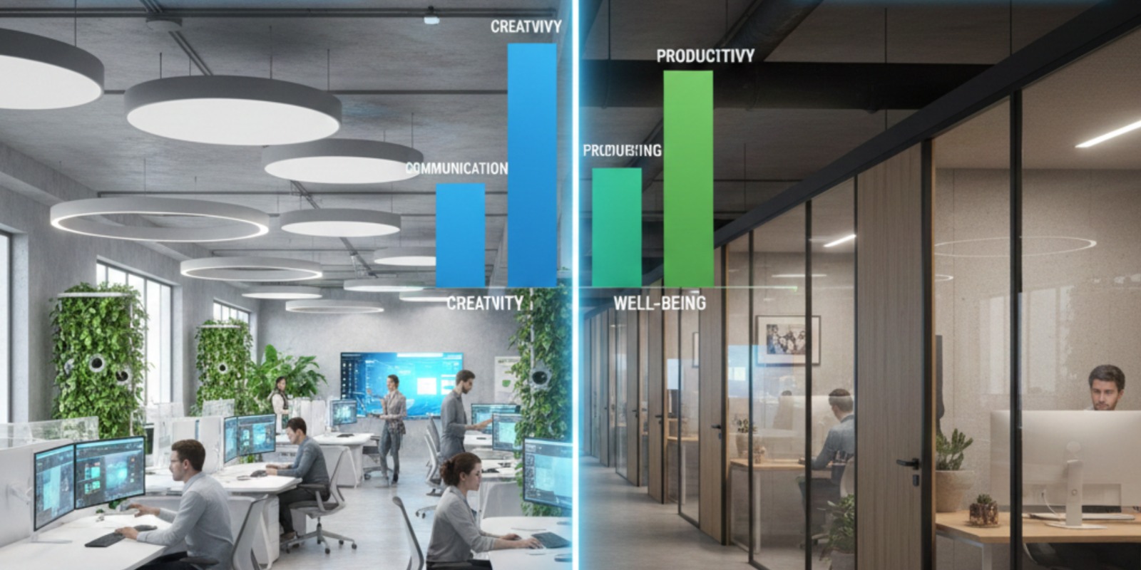 Modern open and private office designs in 2026 with French-European interior style, acoustic panels, and collaborative zones.