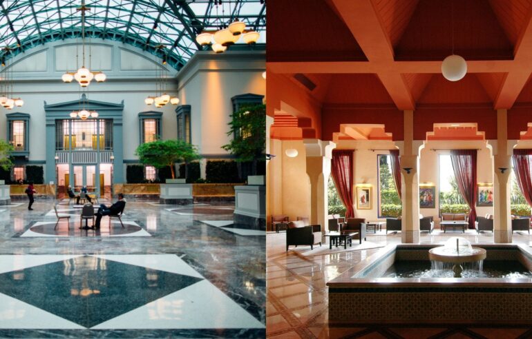 Hotel interior featuring Arabic geometric patterns and gold accents