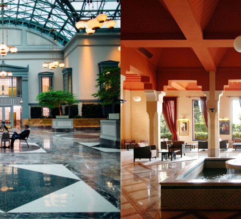 Hotel interior featuring Arabic geometric patterns and gold accents